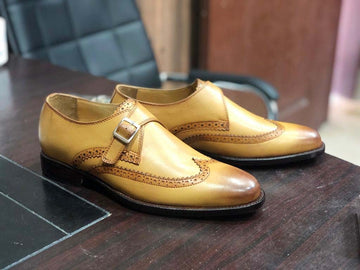 New Stylish Men's Handmade Tan Color Leather Monk strap dress Burnished Toe Shoes, custom made leather shoes