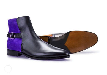 New Stylish Men's Handmade Leather & Suede Black & Blue Buckle Boots, Men Party Wear Boots