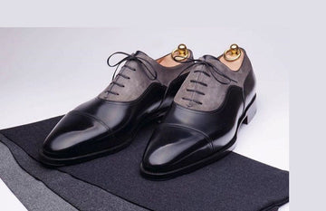 New Stylish Handmade Men's Black & gray Lace Up Leather & Suede Cap Toe Shoes