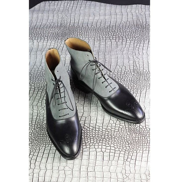 New Handmade Lace Up Ankle High Boot, Men's Black & Gray Suede & Leather Boots
