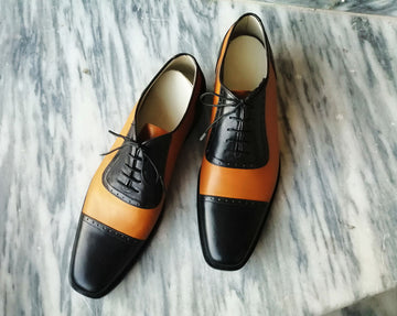 New Stylish Black & Tan Handmade Men’s Cap Toe Lace Up Shoes, Men’s Leather Shoes