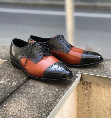 New Stylish Handmade Men’s Leather Cap Toe Brogue Shoes, Men’s Black & Tan Color Lace Up Stylish Shoes