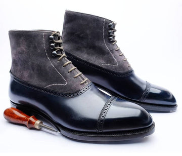 New Stylish Handmade Men's Black & Gray leather & Suede Boots, Men's Lace up Cap Toe Boots
