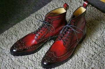 New Stylish Handmade Men's Burgundy & Black Wing Tip Boots, Men Leather Lace Up Ankle High Boots