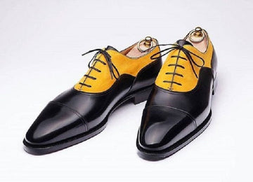 Stylish Handmade Men’s Leather & Suede Lace Up Shoes, Men Yellow & Black Cap Toe Shoes