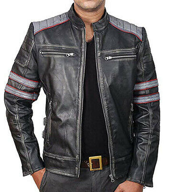 New Cafe Racer Retro Classic Black gray Distressed Biker Leather Jackets For Men