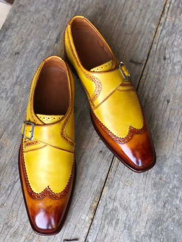 Handmade Men's Two Tone Yellow Brown Leather Wing Tip Monk Strap Shoes, Men Designer Dress Formal Luxury Shoes
