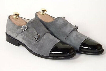 New Stylish Men's Black & Gray Handmade Suede & Leather Double Buckle Monk Strap Shoes