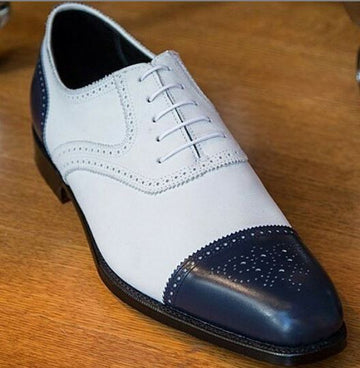 New Latest Handmade White & Blue Two Tone Stylish Men's Leather Lace Up Brogue Toe Shoes