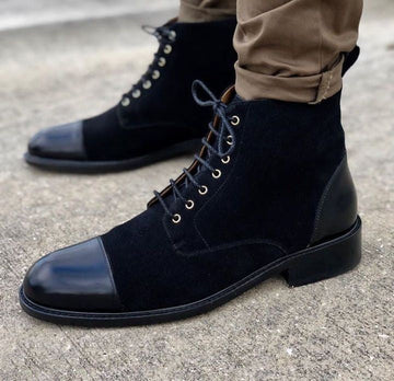 Stylish Men's Handmade Black Leather & Suede Cap Toe Lace Up Boots, Men Casual Boots