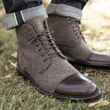 New Stylish Men's Handmade Brown & Gray Ankle High Leather & Tweed Lace Up Boots