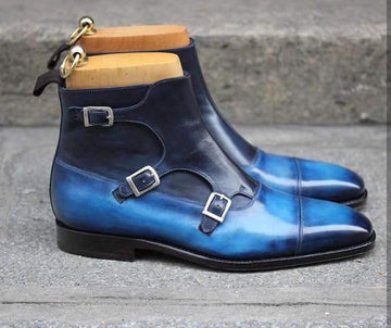 New Stylish Men's Handmade Triple Monk Strap Ankle High Two Tone Blue Leather Boots