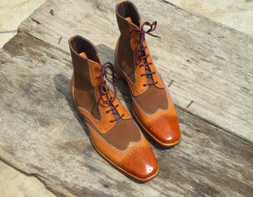 New Stylish Handmade Men's Tan & Brown Wing Tip Leather & Suede Lace Up Casual Boots