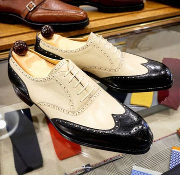 New Stylish Men's Handmade Beige & Black Wing Tip Brogue Leather Formal Dress Fashion Shoes