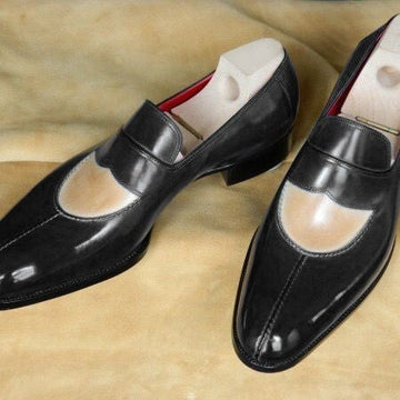 New Stylish Men's Handmade Beige & Black color Leather Split Toe Slip Ons Formal Dress Shoes