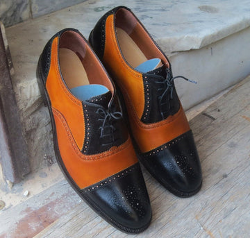 New Stylish Handmade Men's Tan & Black Leather Cap Toe Brogue Lace Up Dress Shoes