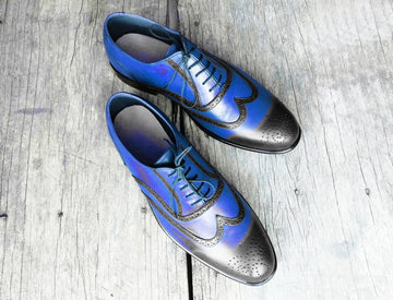 New Stylish Men's Handmade Blue & Black Leather Wingtip Brogue Lace Up Dress Shoes