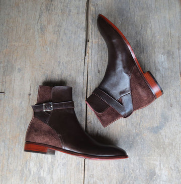 New Stylish Men's Handmade Leather & Suede Brown Jodhpur Buckle Boots