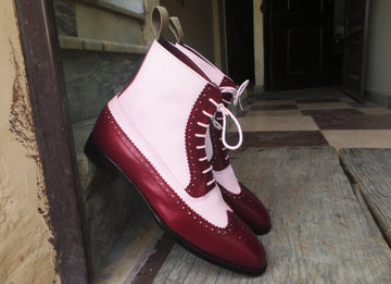 New Stylish Men's Handmade Leather White & Burgundy Lace Up Brogue Ankle High Boots