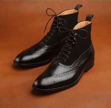 New Stylish New Handmade Men's Dark Brown Lace Up Wing Tip Brogue Leather & Suede Boots