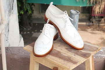 New Stylish Handmade Men's White Leather Wing Tip Brogue Lace Up Dress Shoes