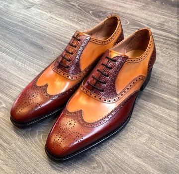 New Stylish Handmade Men's Brown & Tan Color Leather Wing Tip Brogue Dress Formal Lace Up Shoes