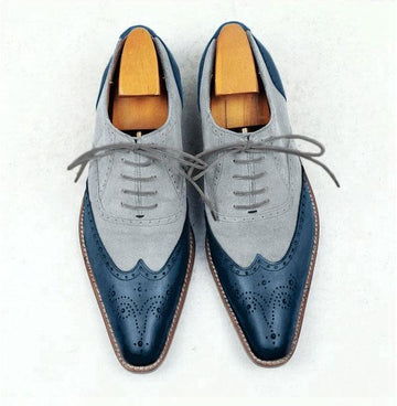 New Handmade Men's Elegant Formal Two-Tone shoes, Men's Leather & Suede dress shoes, Gray Blue Leather Shoes