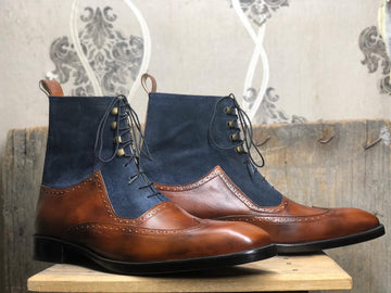 New Men's Handmade Brown Blue Wing Tip Leather & Suede Lace Up Ankle High Boots