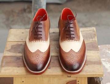 New Men’s Handmade Brown & White Color Leather Shoes, Men Wing Tip Brogue Dress Formal Lace Up Shoes