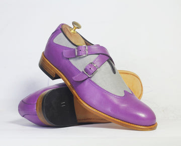 New Handmade Men’s Purple Gray Double Monk Strap Shoes, Men Leather & Denim Shoes