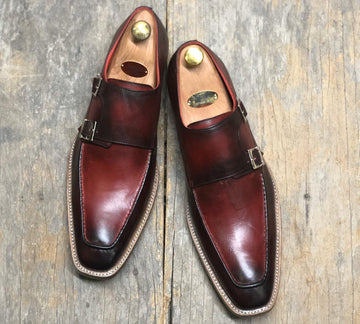 New Handmade Men’s Burgundy Color Leather Shoes, Men Double Monk Dress Formal Shoes