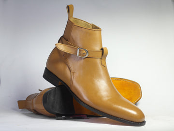 Mens Handmade Jodhpurs Tan Color Leather Ankle High Boots, Men Buckle High Ankle Boots