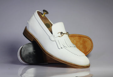 New Handmade Men's White Fringe Loafer Leather Shoes, Men Dress Formal Slip On Shoes