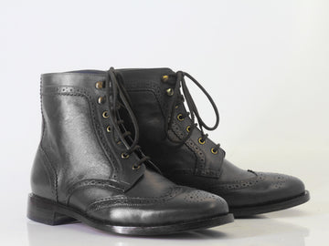 Mens Handmade Formal Black Color Wingtip Brogue Boots, Men’s Handcrafted Lace Up Ankle High Boots