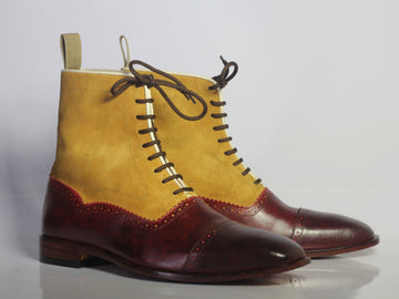 Stylish Handmade Men’s Burgundy & Tan Ankle Cap Toe Boots, Men Leather Suede Lace Up Boot
