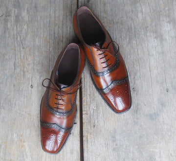New Handmade Men's Two Tone Brown Cap Toe Brogue Leather Lace Up Shoes, Men Designer Dress Formal Luxury Shoes 