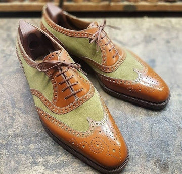 New Handmade Men’s Leather Suede Lace Up Shoes, Men Green Brown Wing Tip Brogue Shoes