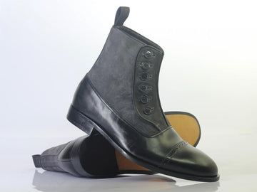 Men’s Handmade Ankle High Leather Suede Button Boots, Men Cap Toe Black Boots
