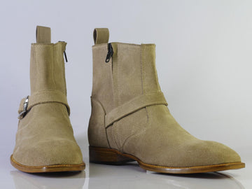Mens Handmade Designers Beige Color Zipper Buckle Boots, Men’s Stylish Jodhpurs