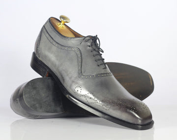 New Handmade Men's Gray Leather Wing Tip Brogue Shoe, Men Lace Up Dress Formal Shoes