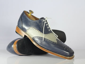 New Handmade Men's Gray Blue Wing Tip Brogue Shoes, Men Leather Lace Up Dress Shoes
