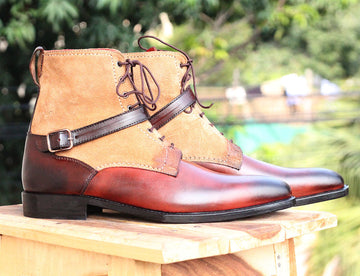 Mens Two Tone Brown Tan High Ankle Designer Boots, Men Leather Suede Buckle Boots