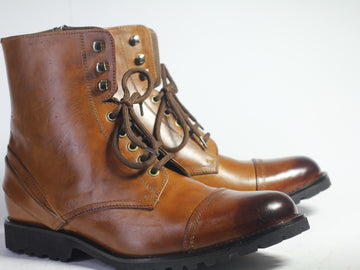 Mens Handmade Formal Brown Color Leather Cap Toe Boots, Men’s Ankle high Lace Up Boots