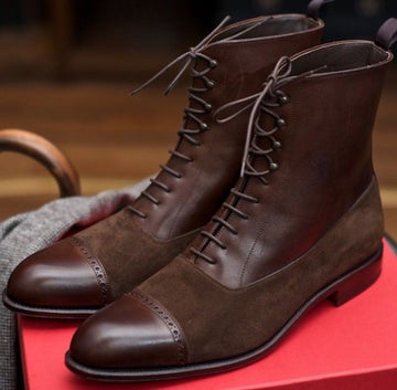 Men’s Handmade Brown Leather Suede Fashion Boots, Men Fancy Designer Brown Cap Toe Boots