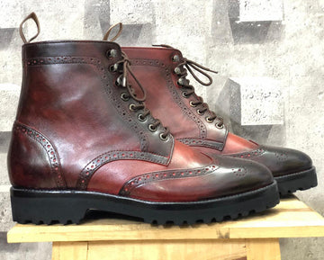 Mens Handmade Two Tone Burgundy Leather Wingtip Ankle High Boots, Men Designer Boots