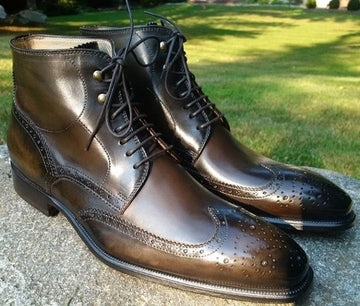 Mens Handmade Brown Color Wingtip Brogue Ankle High Boots, Men Leather Fashion Designer Boots