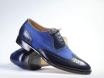 Men’s Handmade Formal Black Blue Wingtip Brogue Shoes, Men’s Leather & Denim Designer Lavish Shoes