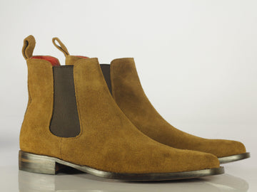 Mens Handmade Tan Color Suede Chelsea Boots, Men Ankle High Formal Dressing Boots
