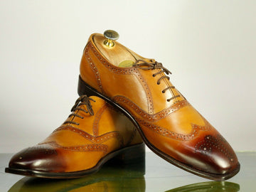 Mens Handmade Brown Tan Color Wingtip Brogue Leather Shoes, Men Leather Shoes Oxford