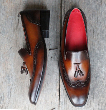 New Handmade Men's Cognac Wing Tip Leather Tassel Loafer Shoes, Men Designer Dress Formal Shoes